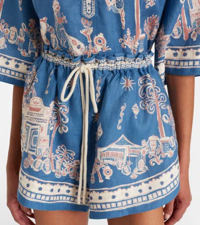 Alemais Acacia Printed Linen Shorts In Blue