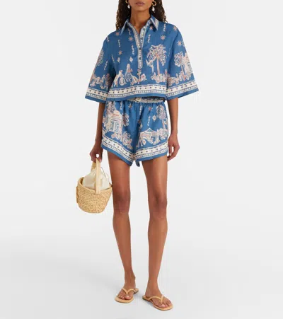 Alemais Acacia Printed Linen Shorts In Blue