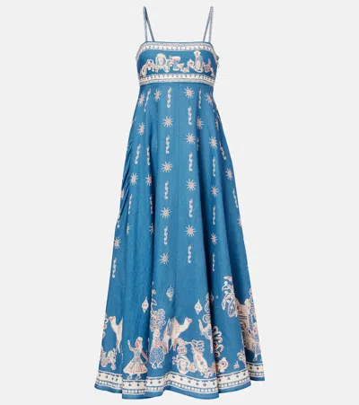 Alemais Acacia Printed Linen Midi Dress In Blue