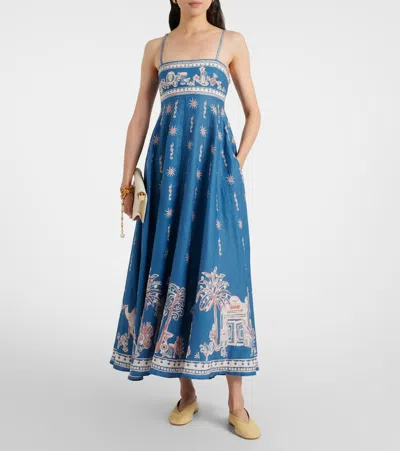 Alemais Acacia Printed Linen Midi Dress In Blue