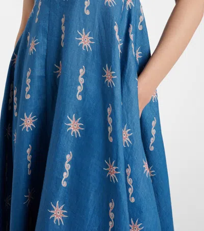 Alemais Acacia Printed Linen Midi Dress In Blue