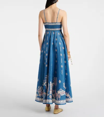 Alemais Acacia Printed Linen Midi Dress In Blue