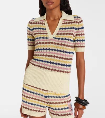 Zimmermann Zim Awaken Scallop Knit Polo Multi Stripe In Black