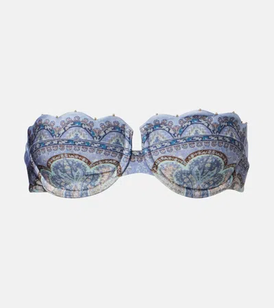 Zimmermann Wanderlust Strapless Embellished Paisley-print Bikini Top In Blue