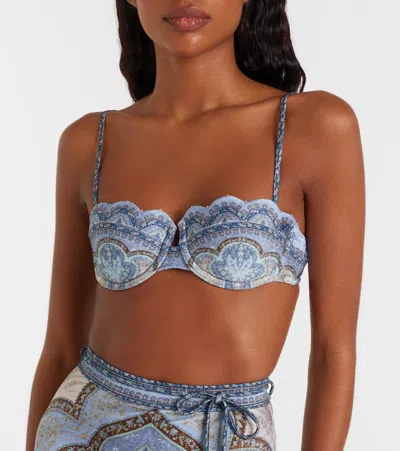 Zimmermann Wanderlust Strapless Embellished Paisley-print Bikini Top In Blue