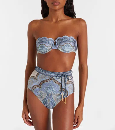 Zimmermann Wanderlust Strapless Embellished Paisley-print Bikini Top In Blue