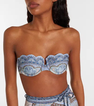 Zimmermann Wanderlust Strapless Embellished Paisley-print Bikini Top In Blue