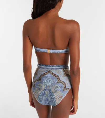 Zimmermann Wanderlust Strapless Embellished Paisley-print Bikini Top In Blue