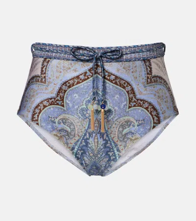 Zimmermann Wanderlust Belted Embellished Paisley-print Bikini Briefs In Blue