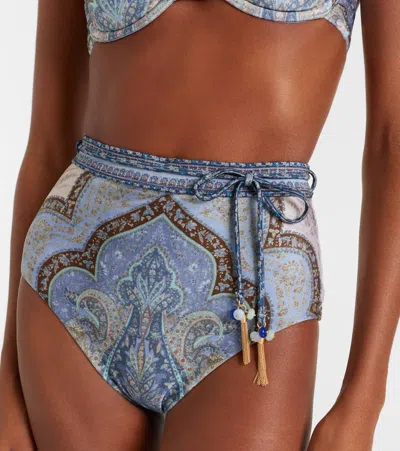 Zimmermann Wanderlust Belted Embellished Paisley-print Bikini Briefs In Blue