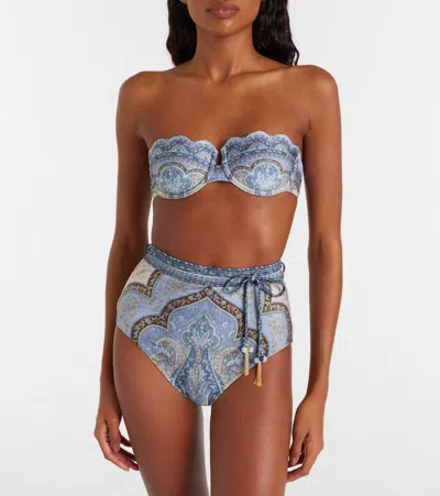 Zimmermann Wanderlust Belted Embellished Paisley-print Bikini Briefs In Blue