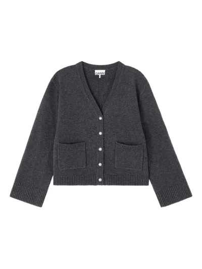 Ganni Pocket Button-fastening Cardigan In Gray