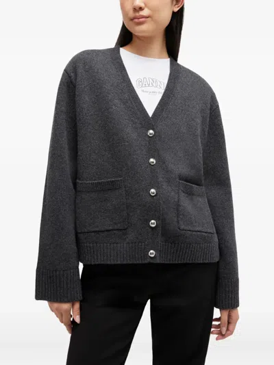 Ganni Pocket Button-fastening Cardigan In Gray