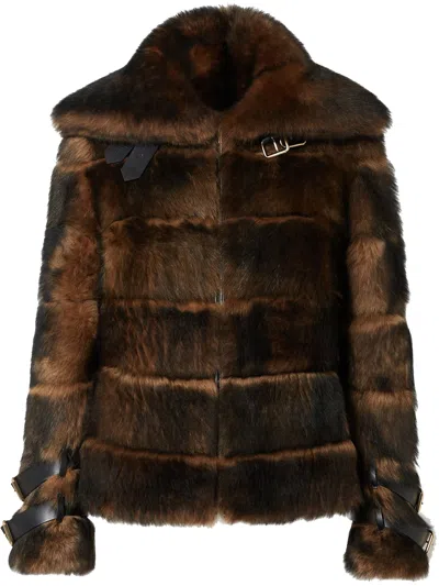 Fendi Women Color Pequin Motif Fur Aviator Jacket In Brown