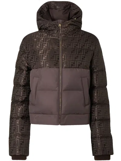 Fendi Women Brown Down Jacket With Drawstring Hood And Ff Motif In Tech Fabric Woman In Brown