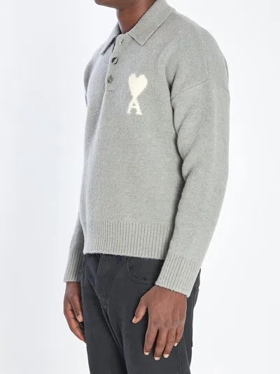 Ami Alexandre Mattiussi Ami Paris Polo Ami De Coeur With Embroidery In Gray