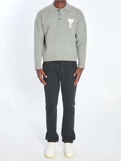 Ami Alexandre Mattiussi Ami Paris Polo Ami De Coeur With Embroidery In Gray