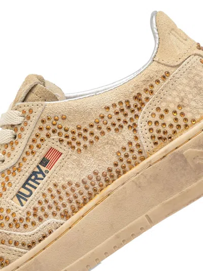 Autry Medalist Low Sneakers In Bronze Suede With Crystal Micro Rhinestones In Multi