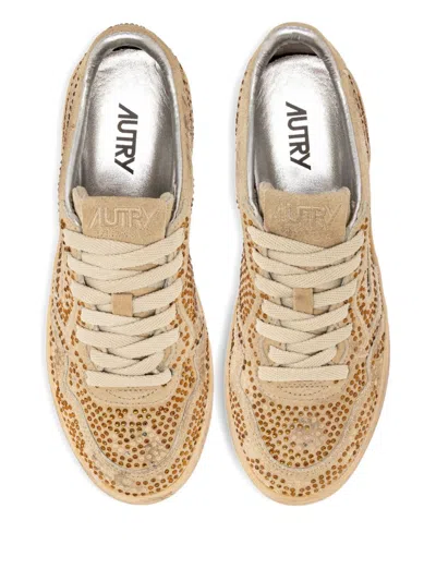 Autry Medalist Low Sneakers In Bronze Suede With Crystal Micro Rhinestones In Multi