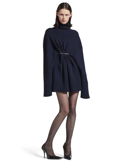 Balenciaga Pinched Navy Mini Dress In Wool And Cotton In Blue
