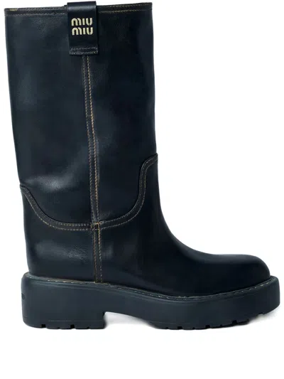 Miu Miu Round Toe Block Heel Ankle Boots In Black
