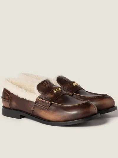 Miu Miu Leather Round Toe Loafers For Everyday Wear In Brown