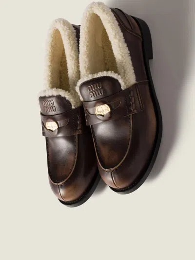 Miu Miu Leather Round Toe Loafers For Everyday Wear In Brown