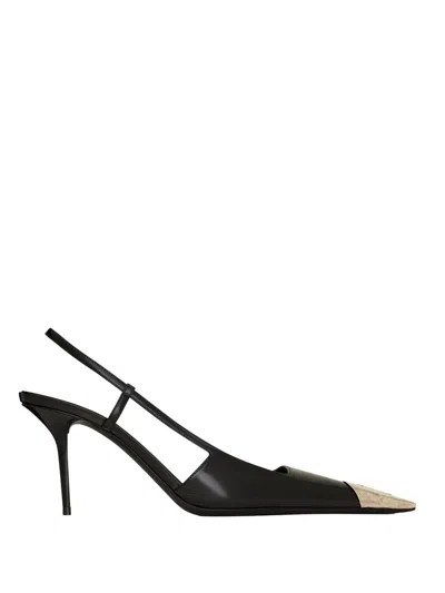 Saint Laurent Jeanne Slingback Pumps In Glazed Leather With Metal Toe Shoes In Black