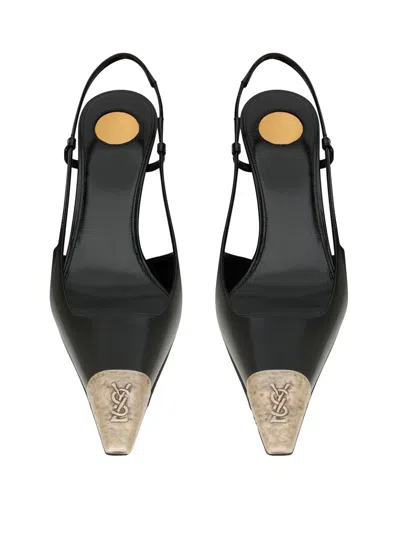 Saint Laurent Jeanne Slingback Pumps In Glazed Leather With Metal Toe Shoes In Black