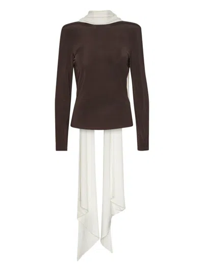 Rotate Birger Christensen Long-sleeved Scarf Top In Brown