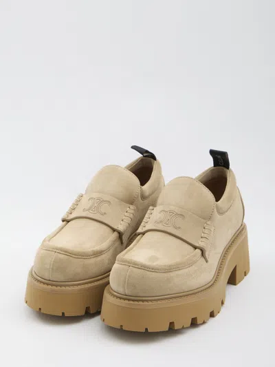 Celine Triomphe Suede Loafers In Neutral