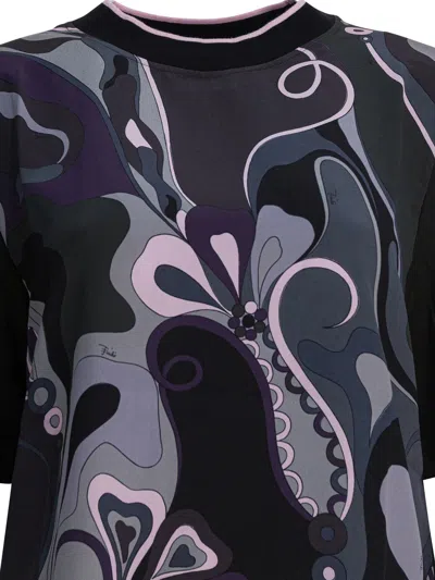 Pucci Cotton And Silk Crewneck T-shirt With Print T-shirts Black In Black