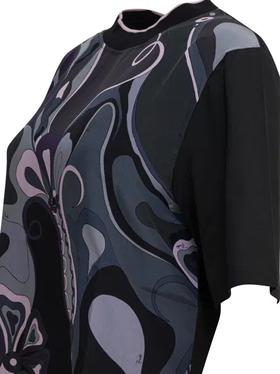 Pucci Cotton And Silk Crewneck T-shirt With Print T-shirts Black In Black