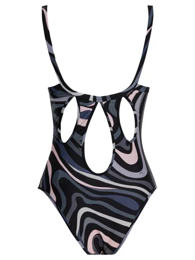 Pucci Swirl Pattern One-piece Swimsuit With Scoop Neckline In Black