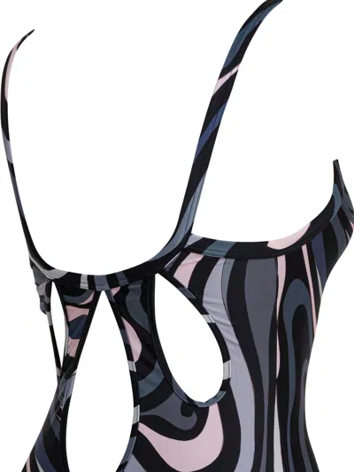 Pucci Swirl Pattern One-piece Swimsuit With Scoop Neckline In Black