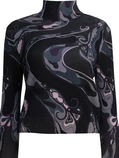 Pucci Wool Turtleneck Sweater With Print Knitwear Black In Black