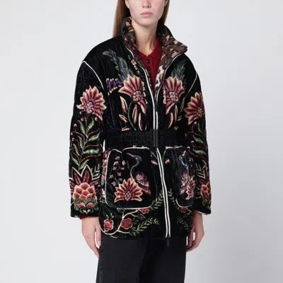 Farm Rio Padded Velvet Jacket With Floral And Bird Embroidery In Black