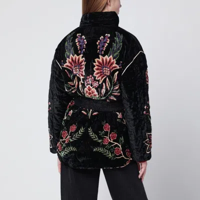 Farm Rio Padded Velvet Jacket With Floral And Bird Embroidery In Black