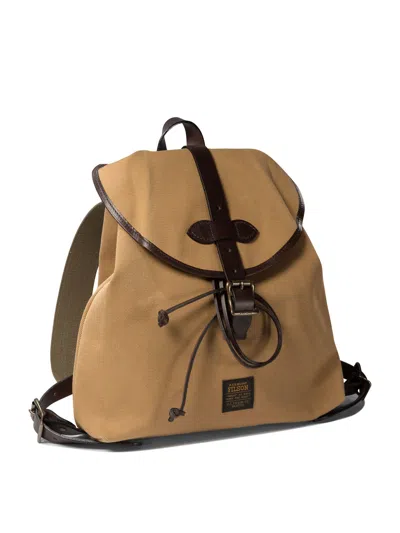Filson Structured Tan Cotton Drawstring Backpack With Leather Accents In Brown