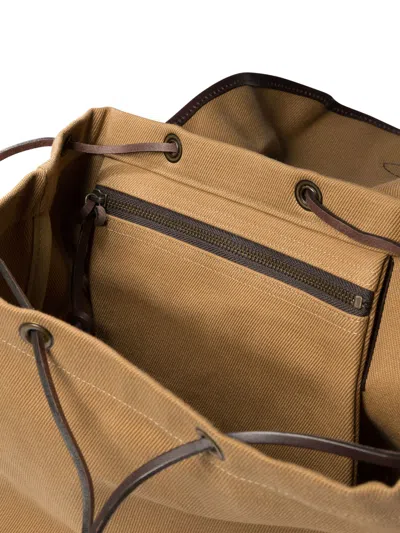 Filson Structured Tan Cotton Drawstring Backpack With Leather Accents In Brown