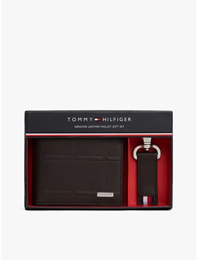 Tommy Hilfiger Embossed Leather Wallet & Keychain Set In Brown