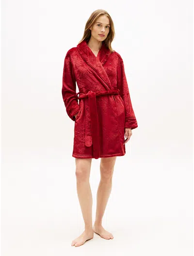 Tommy Hilfiger Plaid Logo Plush Robe In Burgundy
