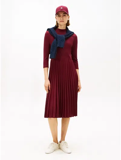 Tommy Hilfiger Pleated Mix Media Midi Dress In Burgundy