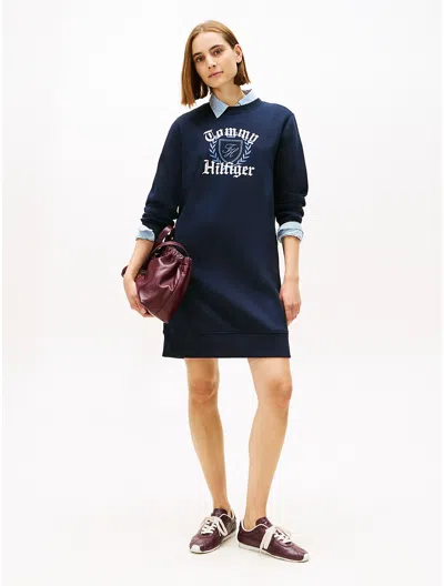 Tommy Hilfiger Varsity Crest Fleece Sweatshirt Dress In Blue