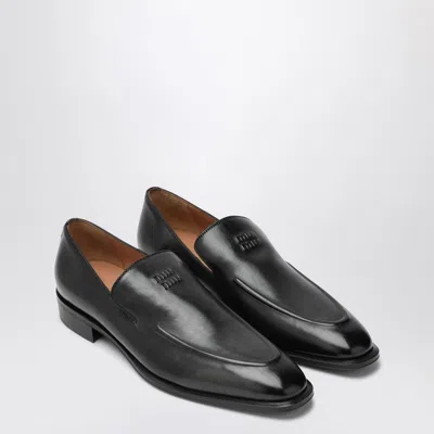 Miu Miu Black Leather Loafers With Logo In Black