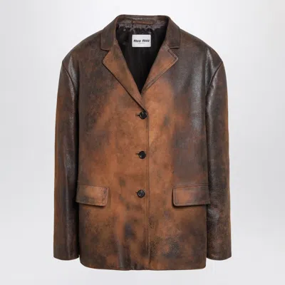 Miu Miu Cognac Waxed Suede Leather Jacket In Brown