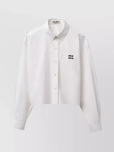 Miu Miu Cropped Long Sleeve Shirt With Point Collar In White