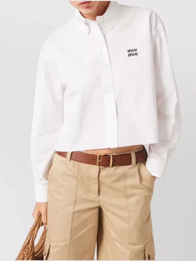 Miu Miu Cropped Long Sleeve Shirt With Point Collar In White
