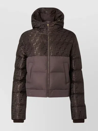 Fendi Women Brown Down Jacket With Drawstring Hood And Ff Motif In Tech Fabric Woman In Brown