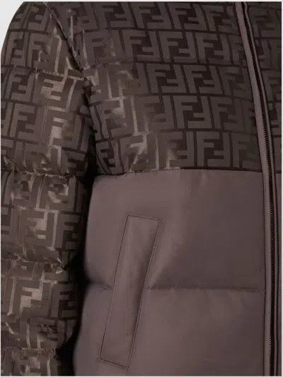 Fendi Women Brown Down Jacket With Drawstring Hood And Ff Motif In Tech Fabric Woman In Brown